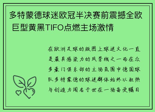 多特蒙德球迷欧冠半决赛前震撼全欧 巨型黄黑TIFO点燃主场激情