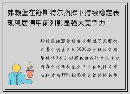 弗赖堡在舒斯特尔指挥下持续稳定表现稳居德甲前列彰显强大竞争力