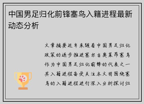 中国男足归化前锋塞鸟入籍进程最新动态分析