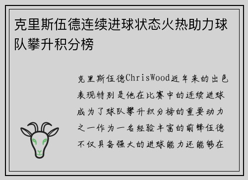 克里斯伍德连续进球状态火热助力球队攀升积分榜
